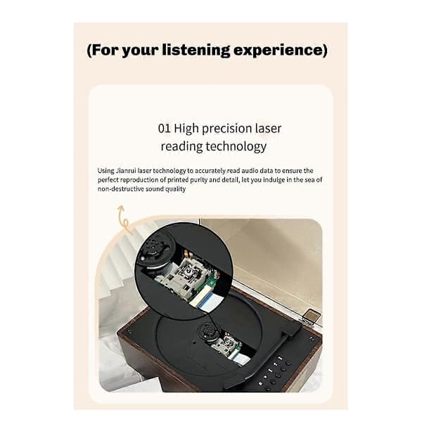 Bærbar Bluetooth CD-afspiller med genopladeligt batteri og USB/AUX-interface. Walnut Color