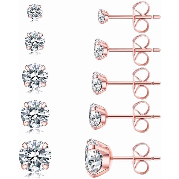 5 Pairs Earrings, Hypoallergenic Cubic Zirconia 316L Stainless Steel Earrings CZ Earrings 3-8mm, Rose Gold - Perfet