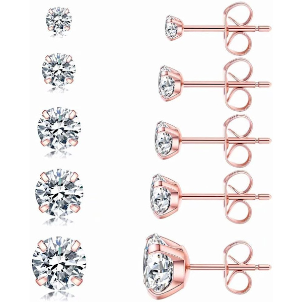 5 paria korvakoruja, hypoallergeeninen Cubic Zirkonia 316L ruostumaton teräs korvakorut CZ korvakorut 3-8mm, ruusukulta - Perfet