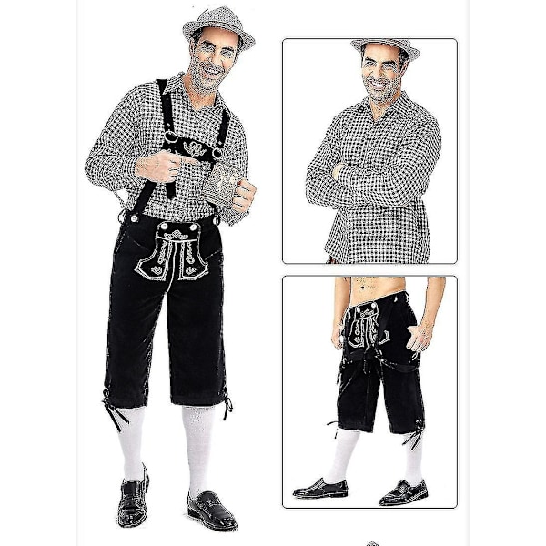 Tradisjonell Oktoberfest-kostyme for menn - Rutete skjorte, broderte bukser og hatt - Perfekt black M