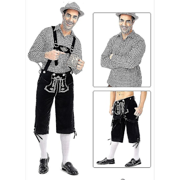 Traditionell Oktoberfestdräkt för män - Rutiga Skjorta, Broderade Byxor och Hatt - Perfekt black M