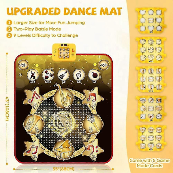 Dansematte, Dansespill Lekegave for Jenter og Gutter 3-12 år, Danseplate med Trådløs Bluetooth, 9 Utfordrende Spillmoduser - Perfekt Gold