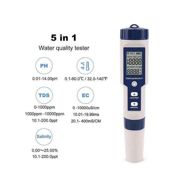 5 i 1 TDS/EC/PH/Salinitet/Temperatur Måler Digital Vandkvalitetsmonitor Tester til Pools, Drikkevand - Perfekt
