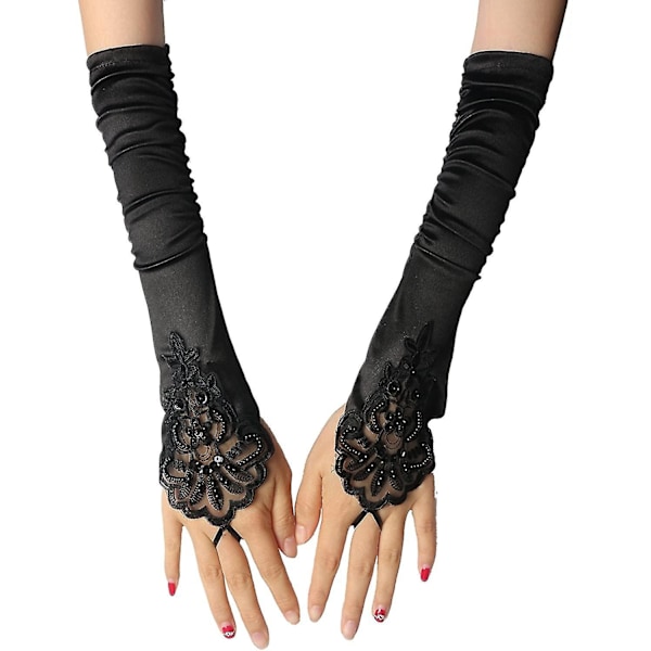 Svarta handskar, långa handskar, 1920-tals accessoarer, damkläder, fingervantar, 20-tals accessoarer, klassiska satinhandskar till armbågen (s12)-Perfet