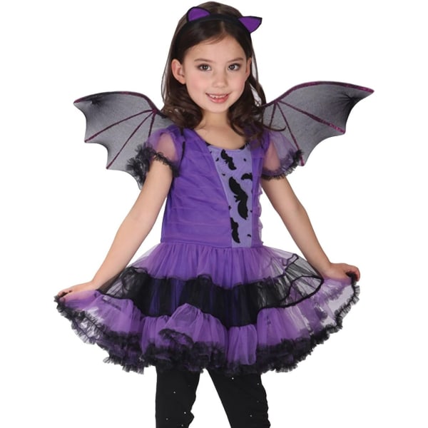 Tyttöjen lepakko vampyyriasu lapsille halloweenvaatteet eläin cosplay violetti mekko - täydellinen 120cm