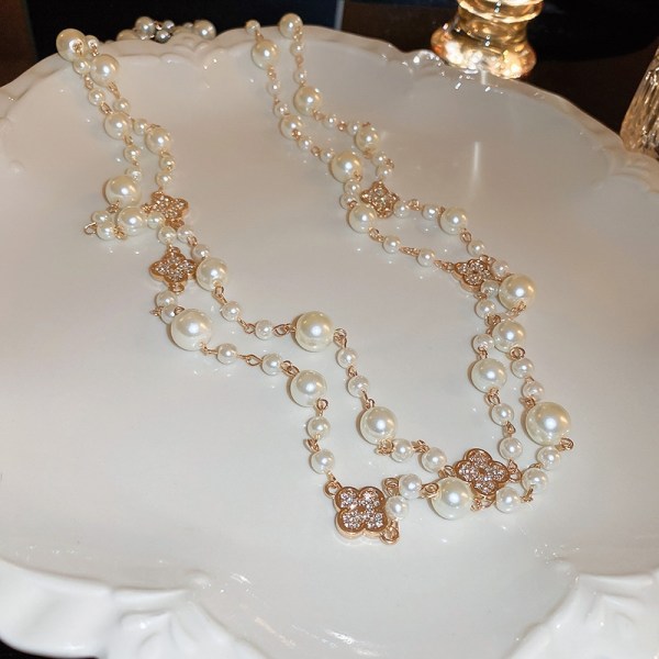 Rhinestone blommor pärlor långt halsband mode temperament känsla tröja kedja nytt halsband - Perfet