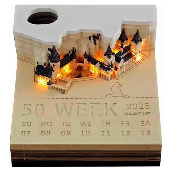 Tidstykke Kalender, 2025 Skrivebords Kalender Memo Pad, 3D Magisk Slott Tidstykke Notisblokk med Lys - Perfekt
