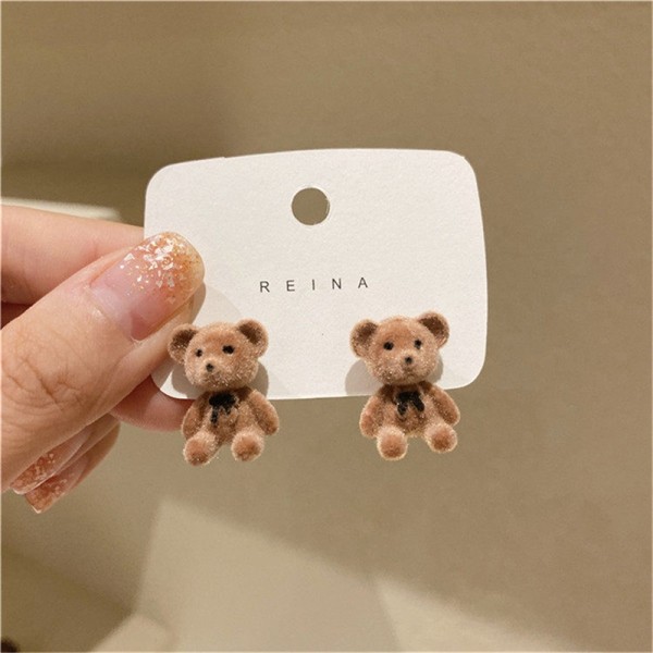 e Flocking Plysch Bear Stud örhängen Girl Kawaii Animal Örhänge - Perfet D