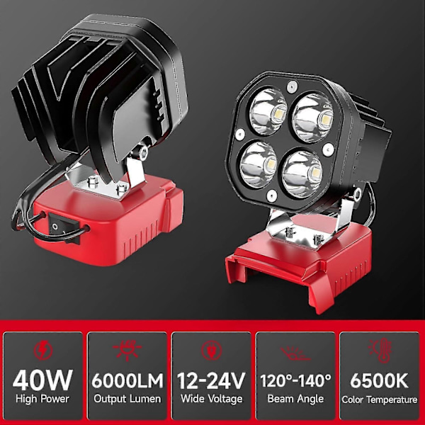 LED Arbejdslampe til 18V Batteri, 40W 6000LM Lommelygte, LED Flood Light, 18V Batteri Trådløs Arbejdslampe p20241126588-Perfet