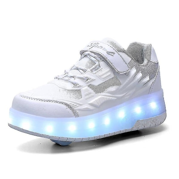 Childrens Sneakers Double Wheel Shoes Led Light Shoes Q7-yky - Perfet White 32