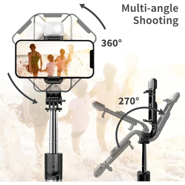 Selfie Stick-stativ med lys, 4 i 1 360° drejelig mobiltelefon - perfekt