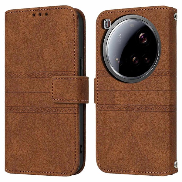 Kompatibel med Xiaomi 15 Ultra Lommebokdeksel i hudvennlig lær med trykk - Rød-Perfet Brown