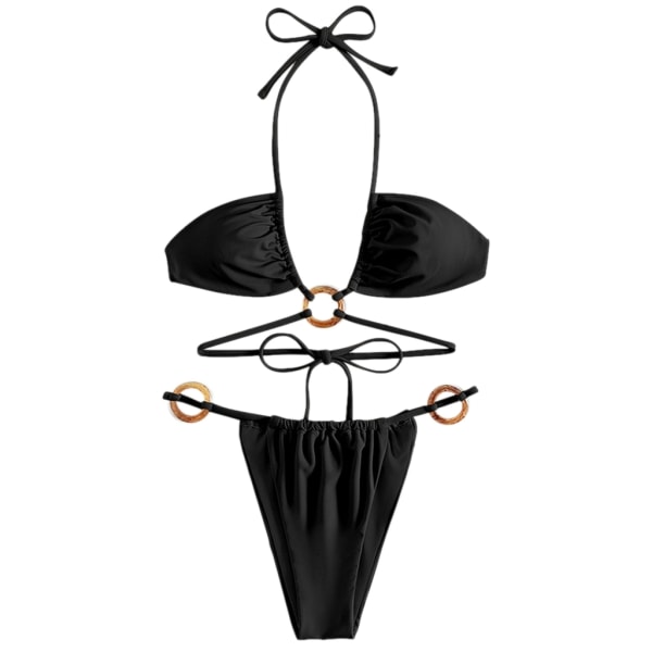 Naisten kaksiosainen seksikäs riimukaula korkealla leikattu set Push Up -bikinit, nauhalliset uimapuvut uimapuvut rantavaatteet - Perfet Black M