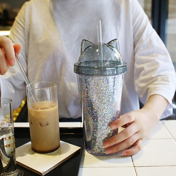 Isolerat dubbelväggglas med lock och halmglitter - Perfet Gray