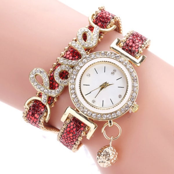 Kvinder Armbåndsure Damer Love Læderrem Rhinestone Quartz Watch Red