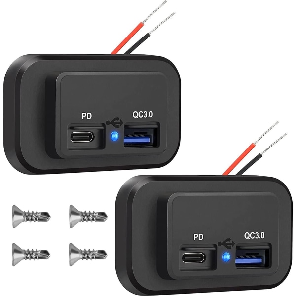 2 stk 12v USB-uttak, dobbel hurtiglading 3.0 12v-uttak USB-lader & Pd Type-c (USB C), 12v 24v USB-lader Strømuttak Adapter Billader