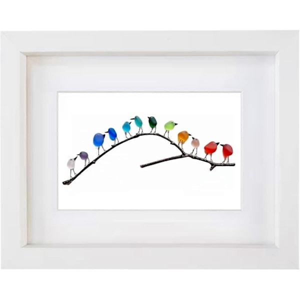 Havglass Regnbue Fugl, Havglass Kunst, Havglass og Drivved Bilde, Regnbue Fugl Veggdekor - Perfekt White Frame 12 Birds