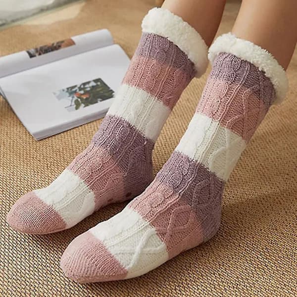 Varma vintersockor för kvinnor, tofflor, halkfria fleecesockor Pink And Purple