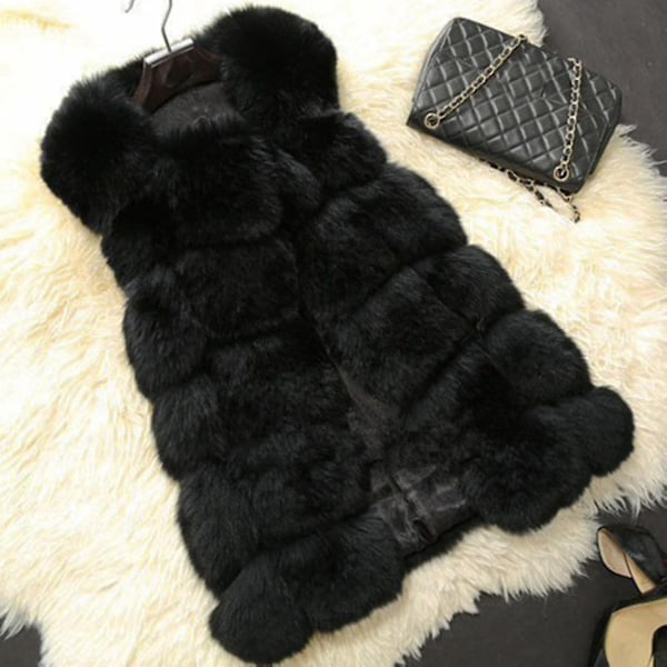 Dame Faux Fur Vest Veste Varmt Tøj Jakke - Perfet Black 2XL