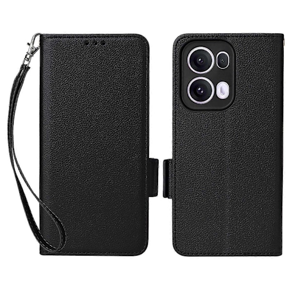 Kompatibelt med Oppo Reno13 Pro 5G Skal med Handledsrem Litchi Textur PU Läder Plånboksfodral - Perfekt Black