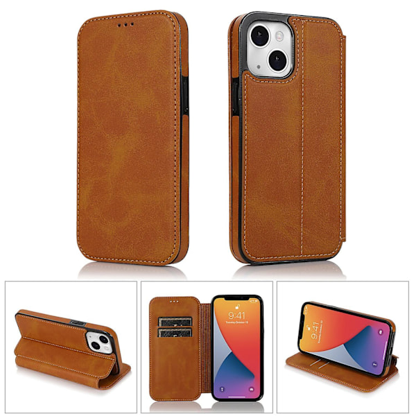 Kompatibel med iPhone 13 Mini Etui Læder Wallet Flip Telefon Etui - Perfekt Khaki