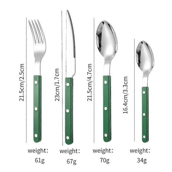 Klassisk Resin Rivets Håndtak Rustfritt Stål Vestlig Bestikksett 4-i-1 Elegant Servise Redskaper for Fine Dining-Perfekt Green