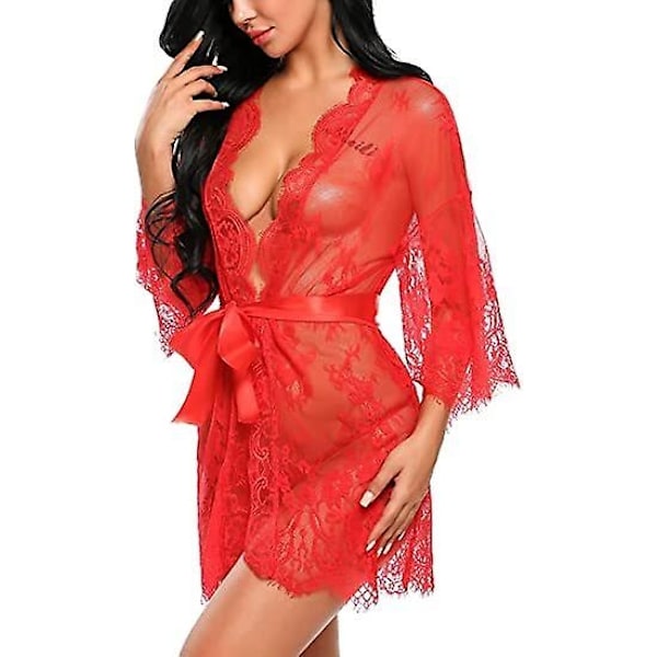 Kvinners blonde kimono-morgenkåpe babydoll undertøy mesh nattkjole-Perfet RED L