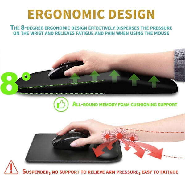 Ergonomisk musmatta med handledsstöd och massagefunktion, handledsstöd för smärtlindring med minnesskum & halkfri PU-bas, Mus-Perfekt