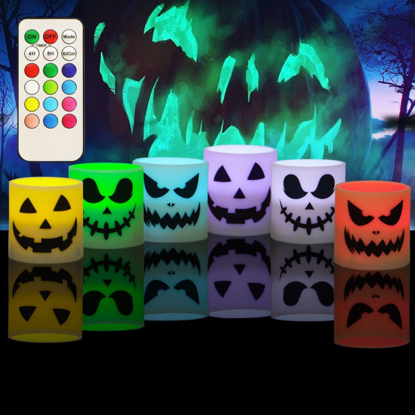 Halloween liekettömät kynttiläparistot kaukosäätimen värinvaihto, LED-teelamppu kynttilä Halloween kodinsisustuslahja (6 Pa - Perfet