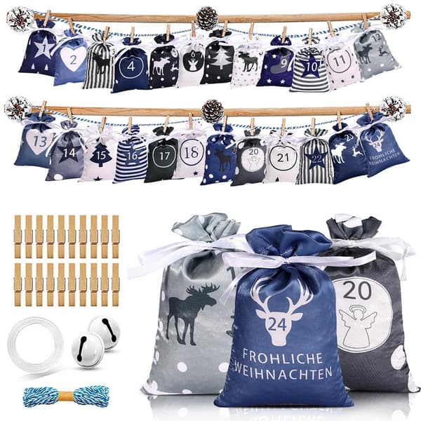 24 st Jul Adventskalender Presentpåsar Dragskopåse Party D blue 24pcs