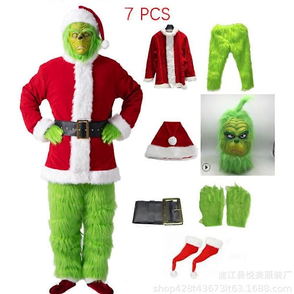 7-delad Grinch-kostym för julcosplay, vuxen Santa-kostymset + mask A-Perfet C S