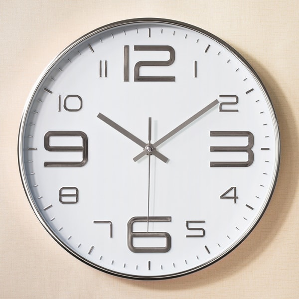 Väggklocka 30cm No Tick Väggklocka, Quartz Silent Wall Clock - Perfet silver on white