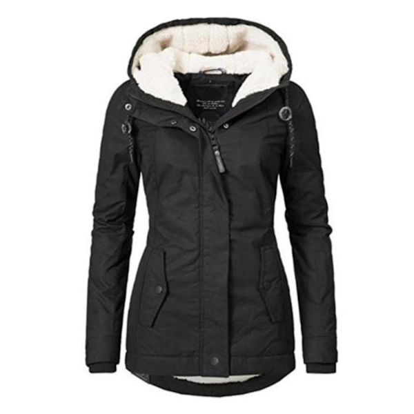 Vandtæt varm vinterjakke med hætte - tyk fleeceforet bomuldsjakke til kvinder - YH-Perfet Black XL