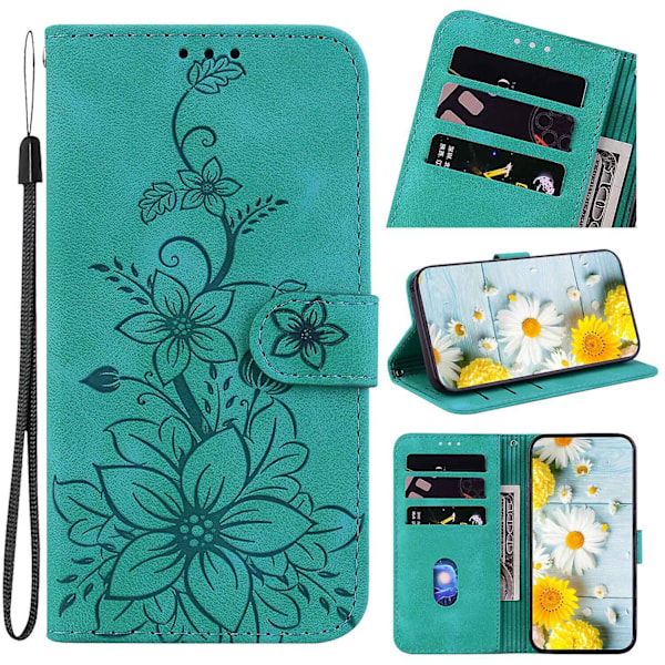 Kotelo yhteensopiva Xiaomi Redmi Note 11s:n kanssa, kohokuvioitu Lily-läppälompakko, ensiluokkainen PU-nahkakansi korttipidikkeellä - Perfet Green