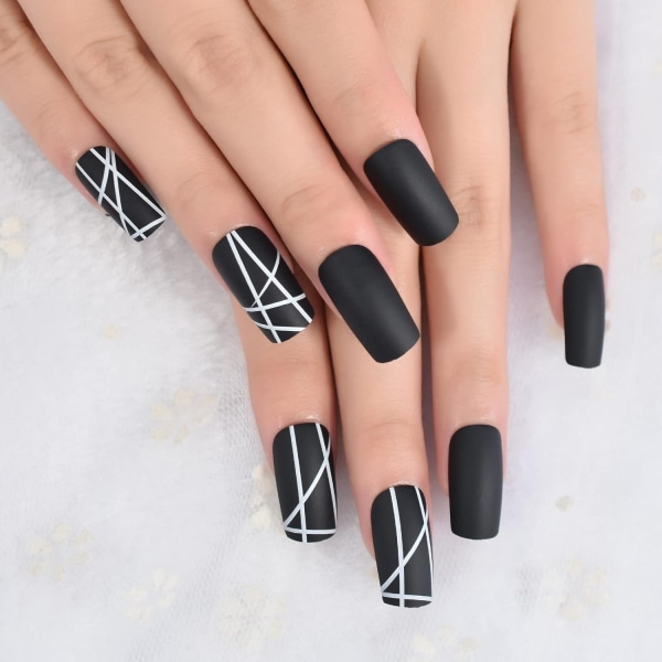 Black White Line Matt Press on False Nails Medium Leng - Perfet