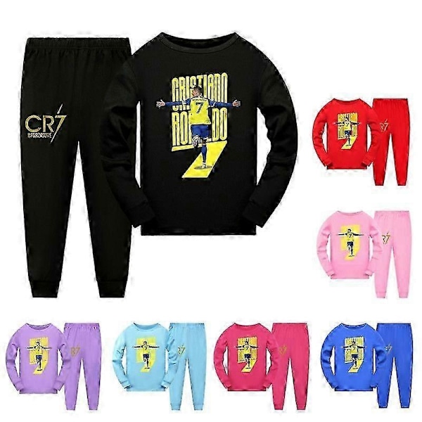 Barn CR7 Ronaldo Bomulls pyjamas topp+Byxor Sovkläder Nattkläder Set Ålder 2-14-Perfekt black 120