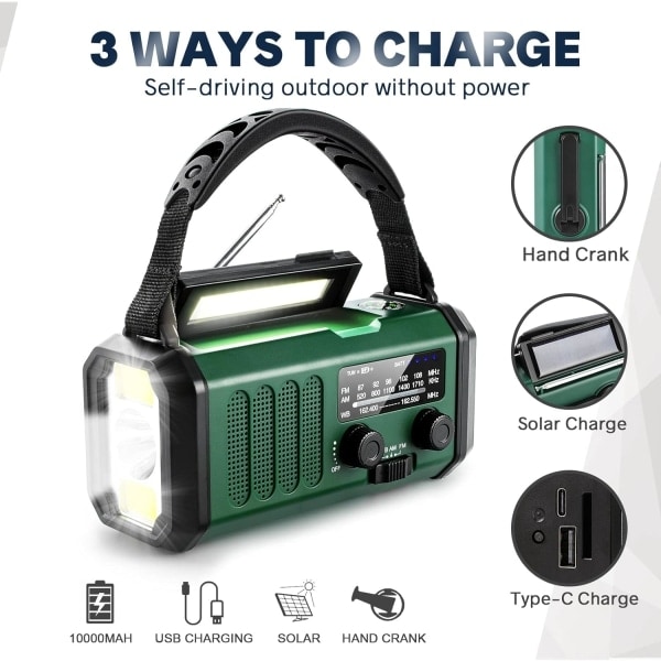 Hätäradio kammella, aurinkokennolla ja USB-latauksella - 10000 mAh akku - NOAA/AM/FM-sääradio - LED-taskulamppu ja lukuvalo - SOS-hälytys - Täydellinen