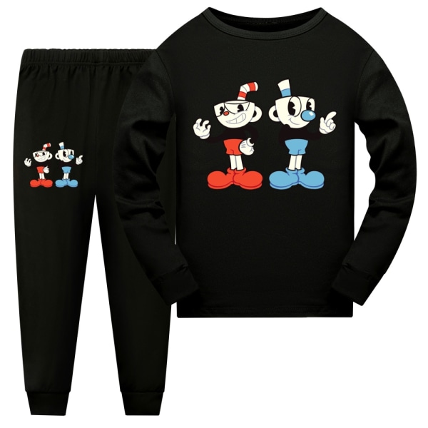 2 stk Kid Pyjamas Cuphead Line Langærmet Pullover Sæt Nattøj - Perfet black 140cm