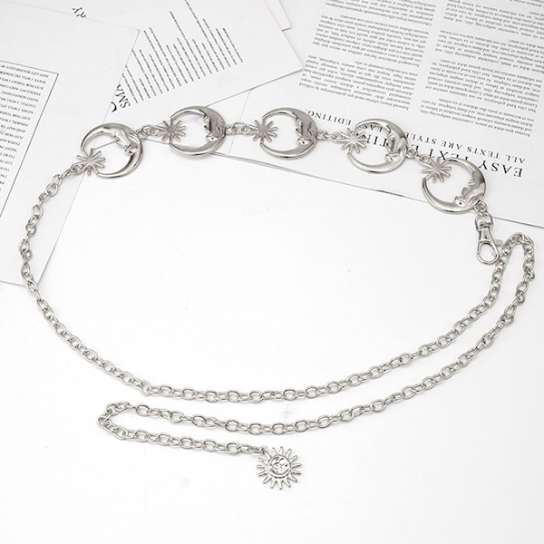 Fashion Moon Sun Metal bælter Kvinder Vintage Pendant taljekæde - Perfet Silver