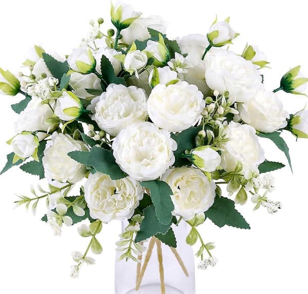 4 bunter kunstige peoner, hvite blomster, silkepeoner-Perfet