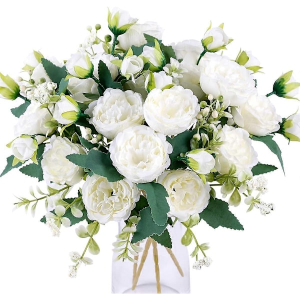 4 knippen konstgjorda pioner, vita blommor, sidenpioner-Perfet