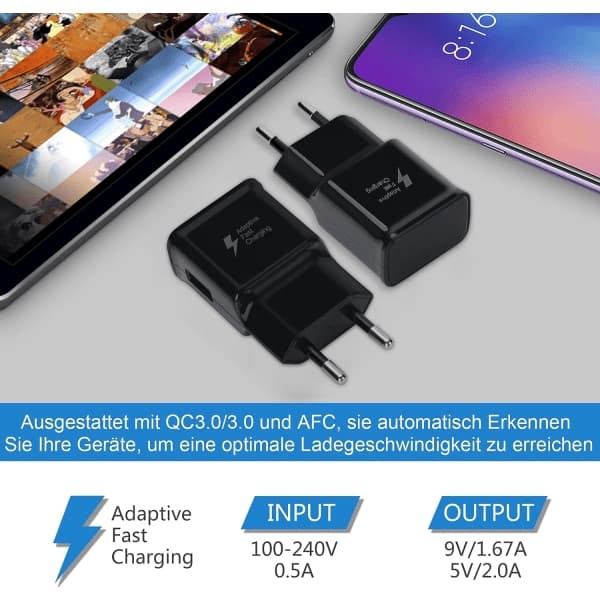 Svart kompatibel laddare 2-pack snabb USB-laddningsadapter för Samsung S22/S21/S20/S10/S10E/S6/S7/S8/S9/Edge/Plus/Active/A72/A53 5G-Xin