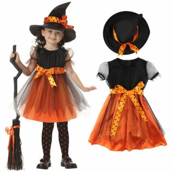 Piger Halloween Hekse Hat Kjole Kostume Hekse Outfit Cosplay - Perfet 100cm