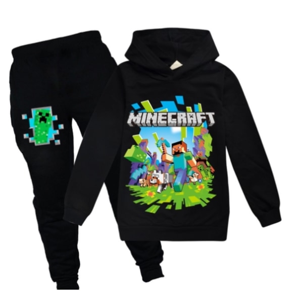 Børne Minecraft træningsdragt Sæt Sport Hoodie Bukser Casual outfit - Perfet black 130cm