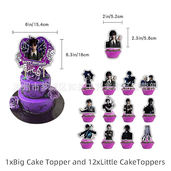 Onsdag Addams Födelsedagsfest Dekorationer Barn Dusch Pojkar Flickor Bestick Tillbehör Koppar Duksar Nummer Ballonger - Perfekt Cake inserts 13pcs