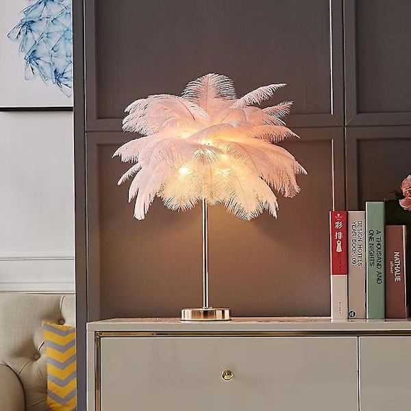 Touch Sensitive bordslampa, strutsfjäderlampa 3 färger Dimbar med 30 fjädrar för sovrummet- Perfet pink