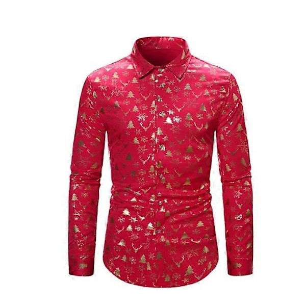 Mænds Business Casual Langærmet Skjorte Skinnende Guld Træ Elg Print Juletrøje-Perfet red6 S