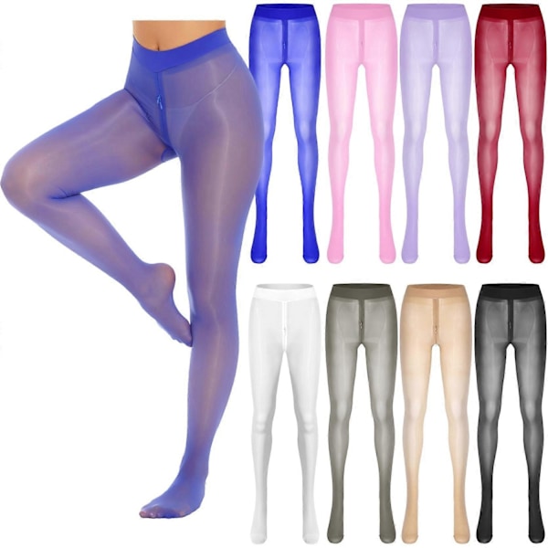 Dame Gjennomsiktig Glatt Elastisk Strømpebukse med Glidelås i Skrittet Tights Bukser Strømper-Perfet white L
