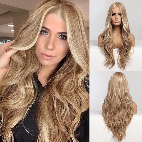 Pitkä blondi peruukki naisille - luonnolliset aaltoilevat hiukset keskellä - Perfet