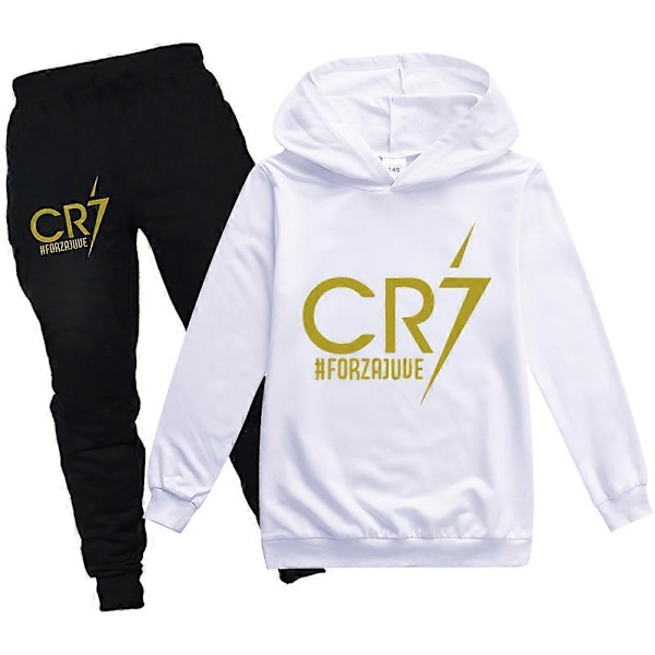 Pieces Cristiano Ronaldo Hoodie VM Nummer 7 Gave Fodboldstjerne Hoodie og Blå Bukser Sæt Piger Drenge Hættetrøje Trøje Børn - Perfekt White 11-12years
